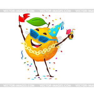 Cartoon happy orange fruit character on birthday - vector image