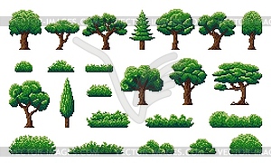 Pixel forest and jungle trees, shrub, grass plants - vector clip art