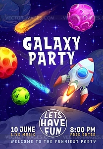 Флаер для вечеринки в галактике, мультяшная космическая ракета, вселенная - клипарт в формате EPS