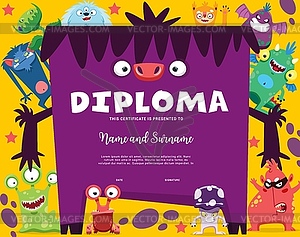 Kids diploma, cartoon funny monster characters - stock vector clipart