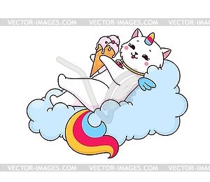 Cartoon caticorn character on cloud with ice cream - vector clipart