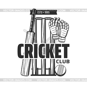 Cricket sport items icon, monochrome emblem - vector image