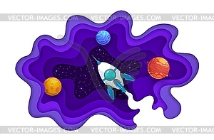 Space paper cut, rocket, planets and starry galaxy - vector clipart