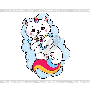 Cartoon caticorn character with juice or cocktail - stock vector clipart