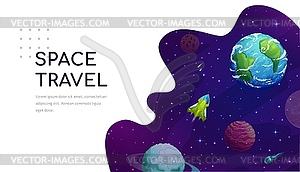 Space landing page, cartoon galaxy spaceship - vector image