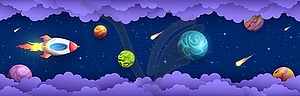 Space paper cut. Flying rocket in galaxy universe - vector image