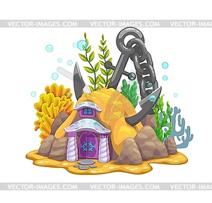 Cartoon underwater anchor fairy house building - vector image