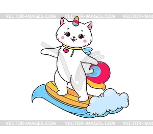 Cartoon cute caticorn surfing on sky clouds - vector clipart