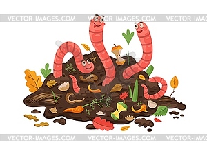 Cartoon compost worm in soil, funny earthworms - vector clipart