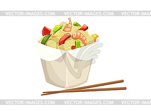 Cartoon chinese wok noodles box with chopsticks - vector image