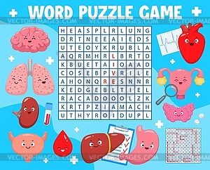 Word search puzzle game with cartoon body organs - vector clipart