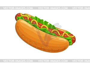 Cartoon chicken hot dog with sausage and bun - vector image