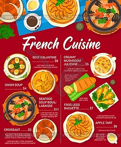 French cuisine menu, France food dishes and meals - vector clipart