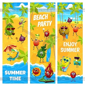 Cartoon fruits characters on summer vacation party - vector image