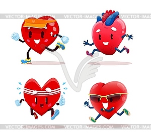 Cartoon running heart character, fitness tracker - vector clip art