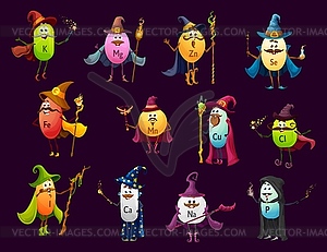 Cartoon wizards and magicians, minerals characters - vector image