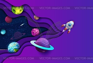 Space paper cut rocket, starry galaxy with planets - stock vector clipart