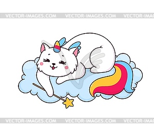 Cartoon caticorn character with magic wand - vector clip art