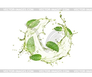 Green herbal tea splash and drops with mint leaves - vector clipart