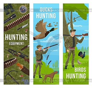 Hunting sport equipment, animals, duck hunter, dog - vector image
