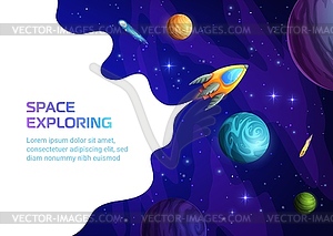 Space landing page with cartoon rocket in galaxy - vector clipart