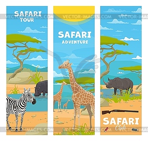 Охота на сафари. Мультяшные африканские животные в саванне - изображение в векторном виде