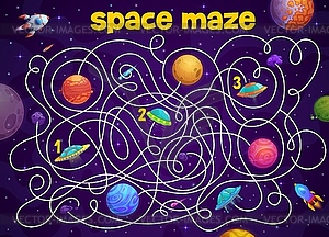 Space labyrinth maze, help UFO find space planet - vector clip art