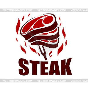 Steak grill BBQ icon, steakhouse meat, fork, fire - vector clipart