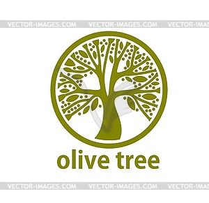 Olive tree icon, olive oil label, green plant leaf - vector image