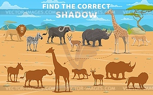 Find correct shadow of cartoon african animals - vector clipart