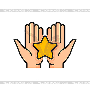 Gold star in hands icon, quality rating - vector clipart