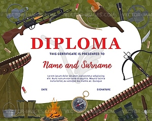 Diploma with hunting equipment, weapons background - vector clip art