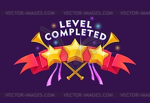 Game level complete badge, icon with golden stars - vector image