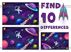 Find ten differences game, astronaut in space - vector clipart