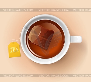 Porcelain cup with tea bag top view - vector image