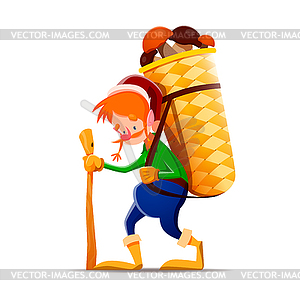 Cartoon gnome dwarf character with mushroom basket - vector clip art