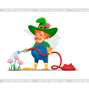 Cartoon gnome or dwarf character watering flowers - vector clip art