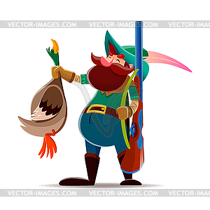 Мультяшный персонаж- гном или карлик-охотник с винтовкой - векторное изображение