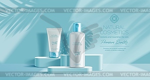 Blue podium mockup with cosmetics beauty product - vector clipart