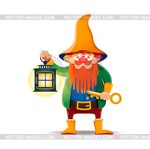 Cartoon gnome character with lantern and key - vector clip art