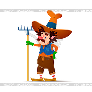 Cartoon gnome or dwarf farmer character with rake - vector clipart