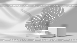 Grey podium, podium mockup with monstera leaves - vector clip art