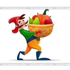 Cartoon gnome dwarf character with harvest basket - vector image