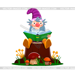 Cartoon gnome dwarf character sitting on stump - vector clipart