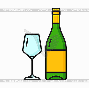 Белое сухое вино в бутылке и бокале, напиток винодельни - векторный рисунок
