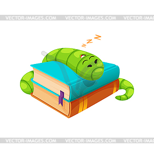 Cartoon bookworm character sleeping on books pile - vector clip art