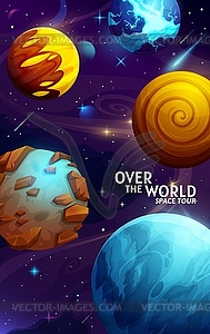 Мультяшный плакат с инопланетной галактикой и фантастической планетой - иллюстрация в векторном формате