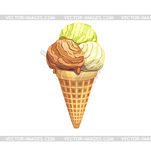 Cartoon ice cream cone scoops, sundae dessert - vector image