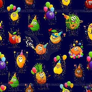 Cartoon fruit characters on birthday holiday party - vector clipart
