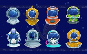 Cartoon diver helmets of scuba diving equipment - vector clip art
